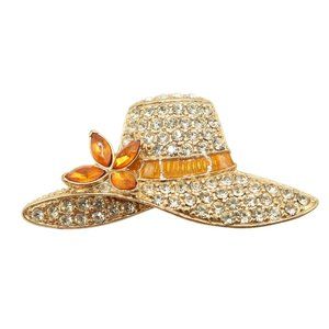 Vintage MONET Gold Tone Sun Hat Brooch w/ Clear & Citrine Rhinestones Signed